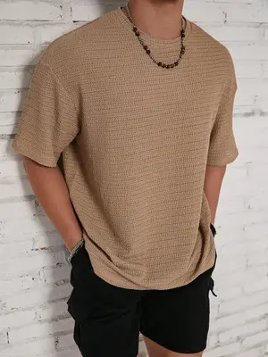 Men's Solid Color Hollow Out Drop Shoulder Tee, Regular Fit Casual Short Sleeve Round Neck T-Shirt for Summer, Men's Knittin...