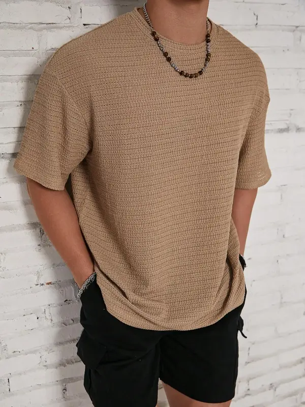 Men's Solid Color Hollow Out Drop Shoulder Tee, Regular Fit Casual Short Sleeve Round Neck T-Shirt for Summer, Men's Knittin...
