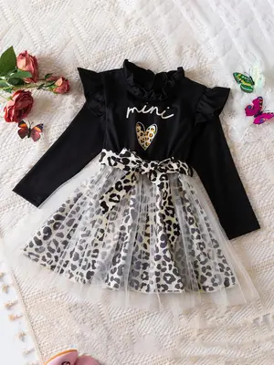 Toddler Girl's Patchwork Leopard Print Contrast Mesh Belted A Line Dress, Casual Ruffle Long Sleeve Frill Trim Keyhole Neck...