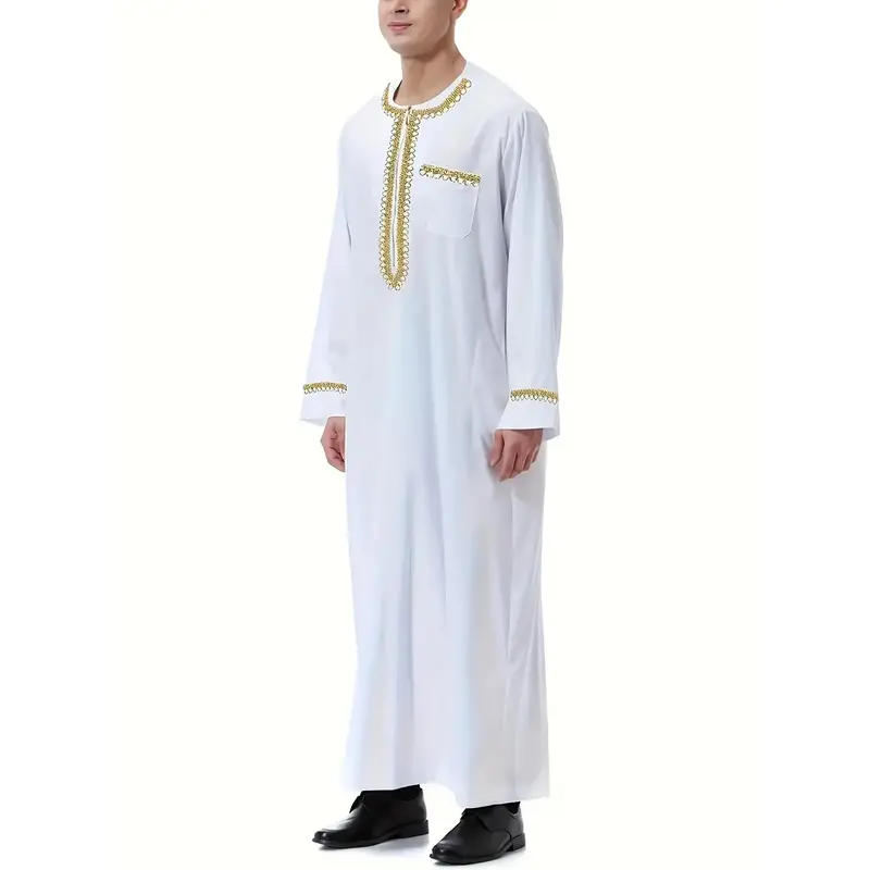 1pc Men'S Traditional Arab Thobe with Metallic Chain Detail - Casual Style Polyester Long Robe, Regular Fit, Crew Neck, Full-...