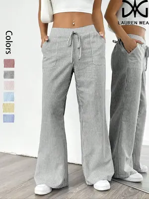 Women's Striped Print Wide Leg Pants, Casual Comfy Trousers for Daily Wear, Ladies Bottoms for All Seasons