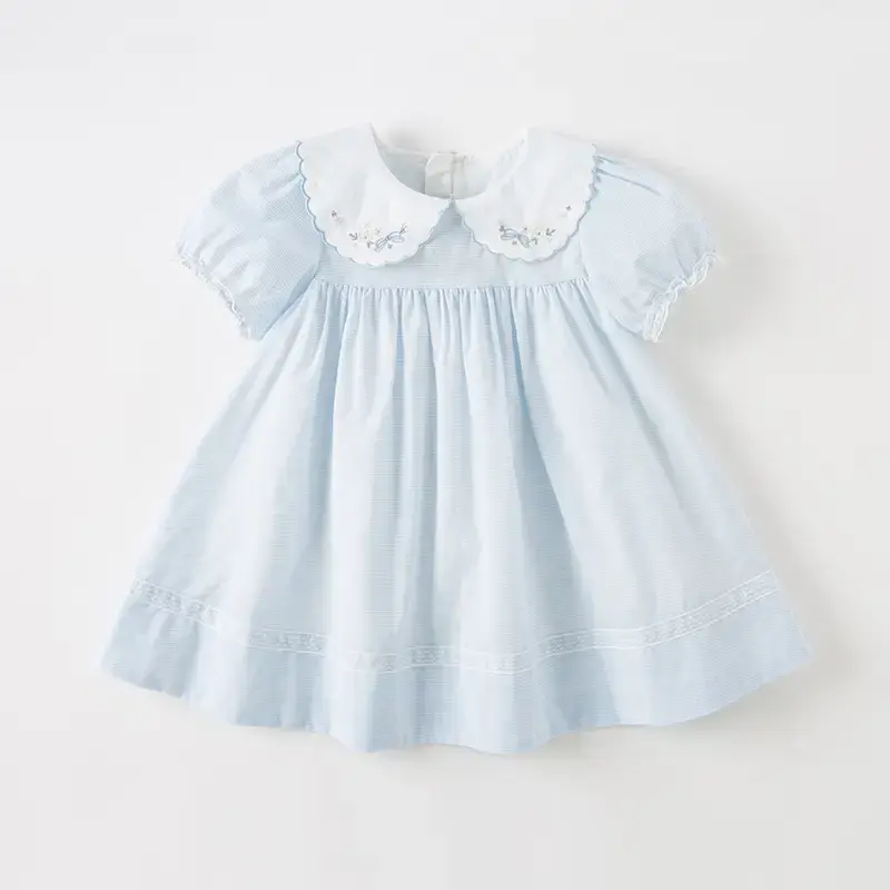 Dave Bella Toddler Girls Summer Dress, Short Puff Sleeve Cotton Sundress Blue Striped Flower Embroidery Prince Dresses