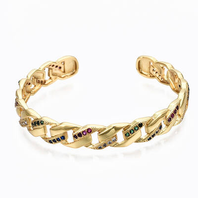 Brass Micro Pave Cubic Zirconia Curb Chain Cuff Bangles