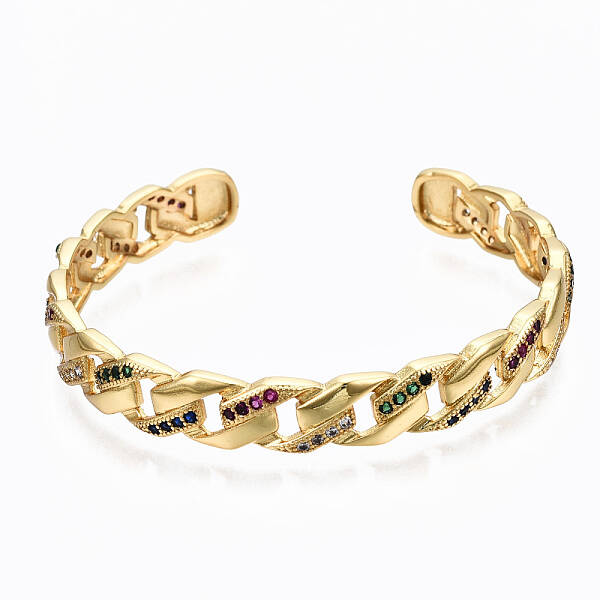 Brass Micro Pave Cubic Zirconia Curb Chain Cuff Bangles