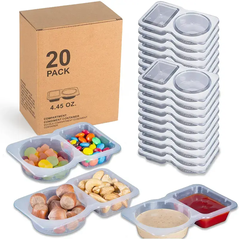 20 Pieces Reusable Dual Compartment Condiment and Snack Containers with Flip Top Lids - Clear plastic food storage jars for s...