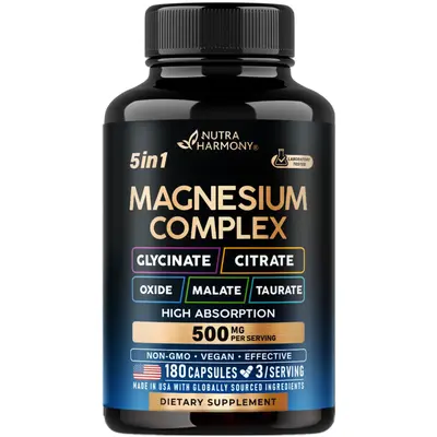 Magnesium Supplement Complex 5 in 1 - Glycinate, Citrate, Malate, Taurate, Oxide for Energy - Made in USA - Vegan, Natural, N...