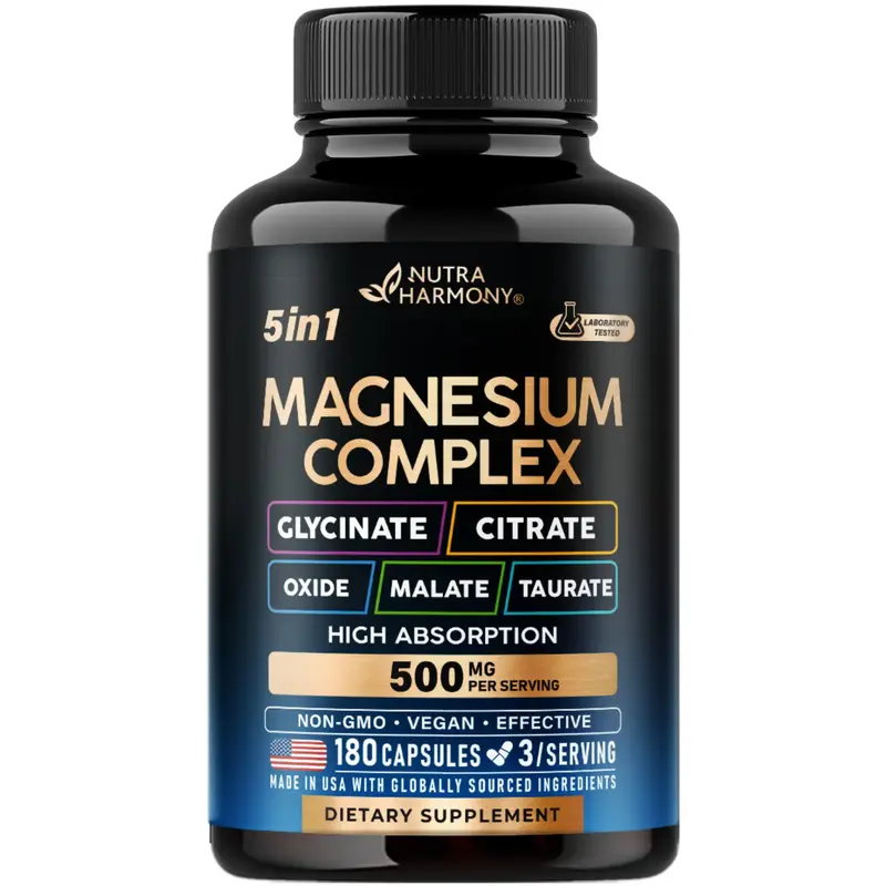 Magnesium Supplement Complex 5 in 1 - Glycinate, Citrate, Malate, Taurate, Oxide for Energy - Made in USA - Vegan, Natural, N...