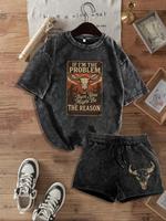 Two-Piece Set Women's Vintage Cow Horn Print Short Sleeve Tee & Skinny Shorts, Casual Round Neck T-shirt & Shorts for Daily W...