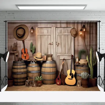 Vintage Cowboy Wood Barrel Barn Door Photo Backdrop - Aperturee