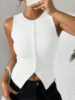 Women's Plain / Striped Print Ribbed Top, Casual Sleeveless Button Front Knit Top for Daily Wear, Ladies Clothes for All Seas...