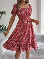 Women's Ditsy Floral Print Ruffle Hem Shirred Dress, Casual Boho Fashion Square Neck Shortsleeve Dress for Daily Holiday Va...