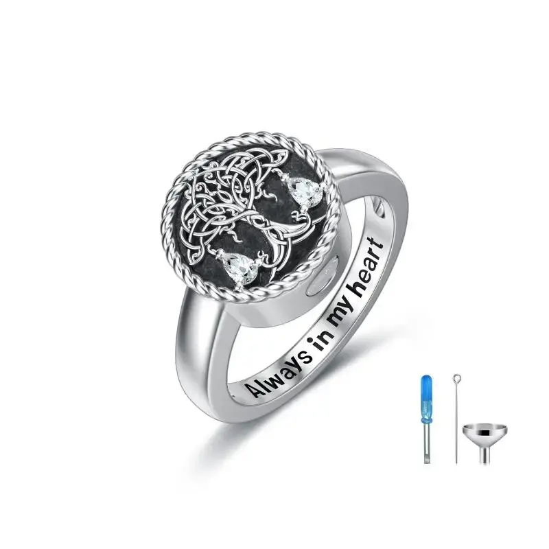 Sterling Silver Round Shaped Cubic Zirconia Tree Of Life Urn Ring