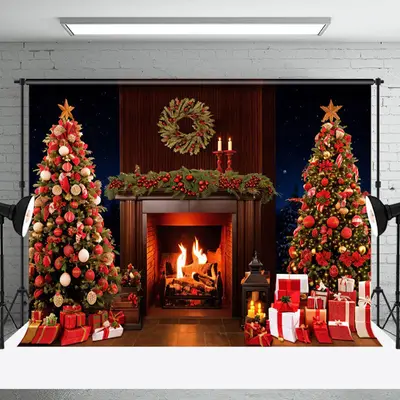 Aperturee Xmas Trees Gifts Retro Fireplace Christmas Backdrop - Aperturee