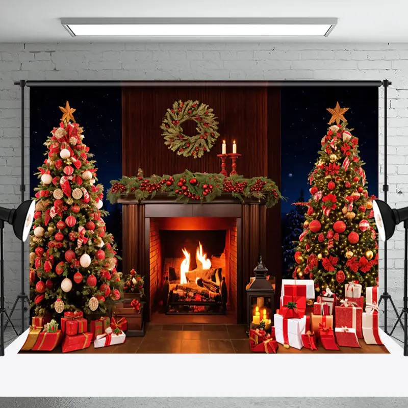 Aperturee Xmas Trees Gifts Retro Fireplace Christmas Backdrop - Aperturee