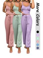 Women's Plain Lace Trim Ribbed Pajama Set, Casual Comfy Fake Button Decor Backless Crop Cami Top & Elastic Waist Trousers PJ ...