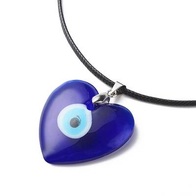 Blue Lampwork Evil Eye Pendant Necklace with Waxed Cord for Women