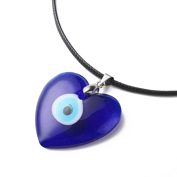 Blue Lampwork Evil Eye Pendant Necklace with Waxed Cord for Women