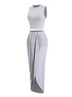 Women's Solid Crop Tank Top & Ruched Asymmetrical Hem Split Skirt Set, Chic Casual Mock Neck Sleeveless Top & High Waist Wrap...