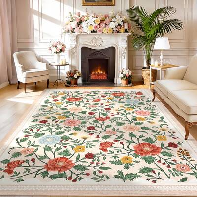 Garvee Floral 5x7 Beige Rugs Non-Slip Machine Washable Area Rug for Living Room Girls Bedroom Dining Room Office Playroom Dec...