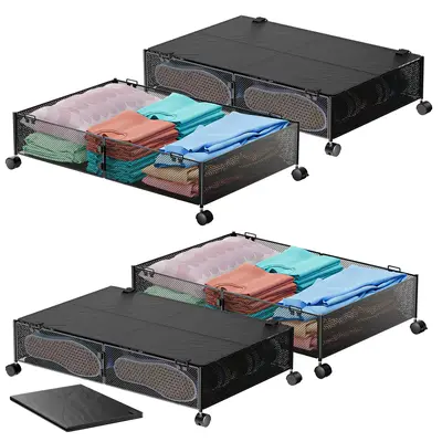Under Bed Storage with Wheels, Foldable Metal Drawers Under the Bed Black Clothes Storage (2 Pack / 4 Pack)