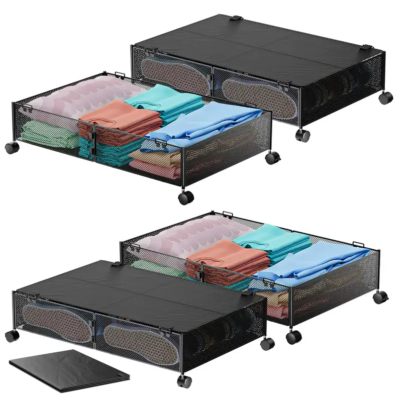 Under Bed Storage with Wheels, Foldable Metal Drawers Under the Bed Black Clothes Storage (2 Pack / 4 Pack)