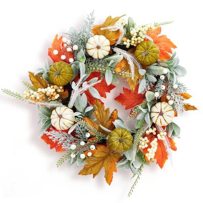 Garvee Fall Wreath, 20 Inch Autumn Wreaths for Front Door Fall Decorations Pumpkin Wreath with Maple Leaves Lamb Ear Leaves f...