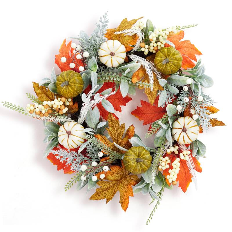 Garvee Fall Wreath, 20 Inch Autumn Wreaths for Front Door Fall Decorations Pumpkin Wreath with Maple Leaves Lamb Ear Leaves f...