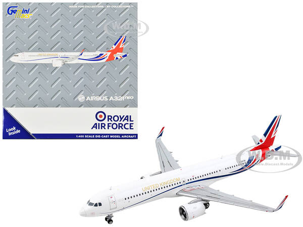 Airbus A321neo Transport Aircraft Royal Air Force - United Kingdom White with UK Flag Tail Gemini Macs Series 1/400 Diecast M...