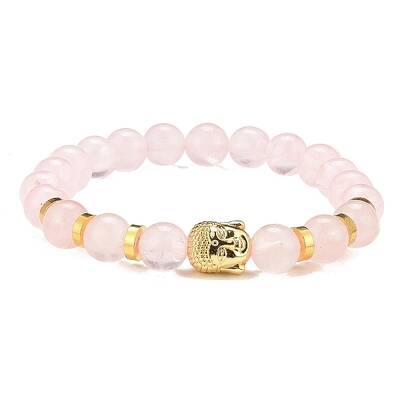 Natural Rose Quartz & Alloy Buddha Head Beaded Strech Bracelets