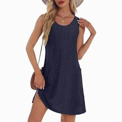 Coverup Summer Dresses for Women 2025 Eyelet Casual Loose Sleeveless Sundresses Tank Dresses with Pockets