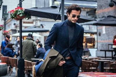 Suit And Turtleneck Combo - Turtleneck Prom Outfits - Prom Turtleneck  Blue  Suit