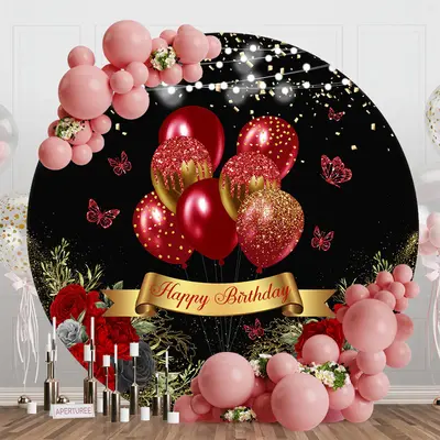 Black Red Floral Balloons Round Birthday Backdrop