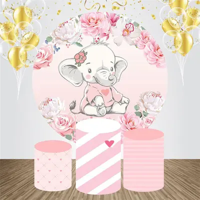 Pink Floral Elephant Round Baby Shower Backdrop Kit - Aperturee