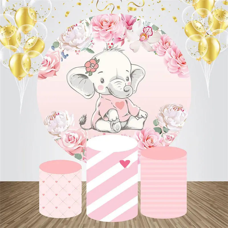 Pink Floral Elephant Round Baby Shower Backdrop Kit - Aperturee