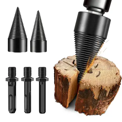 SRGARH Firewood Log Splitter Drill Bit Set – Heavy-Duty Carbon Steel Wood Splitting Cone with Round/Hex/Square Shank – Sa...