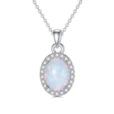 Sterling Silver Round Diamond & Opal Oval Shaped Pendant Necklace