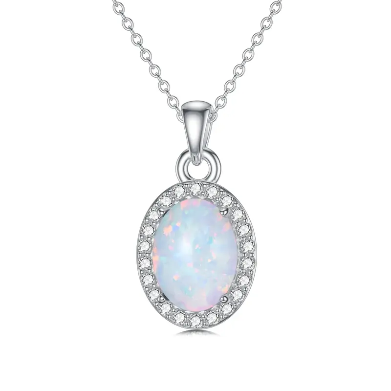 Sterling Silver Round Diamond & Opal Oval Shaped Pendant Necklace