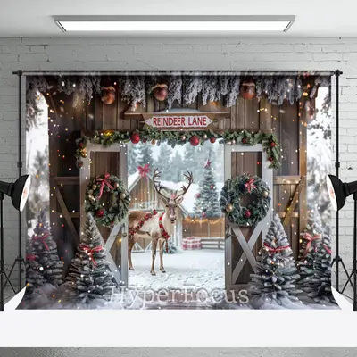 Snowy Wooden Reindeer Lane Christmas Vibe Backdrop - Aperturee