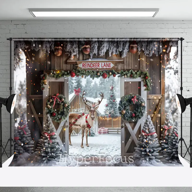 Snowy Wooden Reindeer Lane Christmas Vibe Backdrop - Aperturee