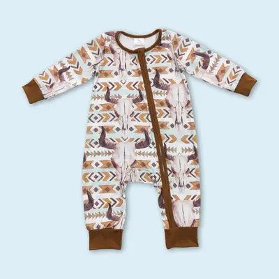 Western cowboy bull skull long sleeve zip romper