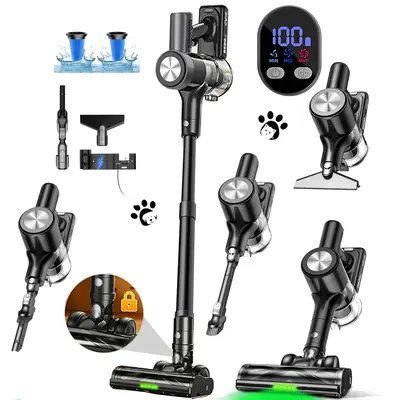 Cordless Vacuum Cleaner, 500W 46KPa Powerful Suction, 55-Min Runtime, Self-Standing, Wall Mount Charging, Stick Vacuum for Fl...