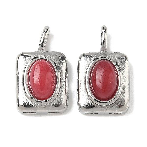 304 Stainless Steel Pave Dyed Natural White Jade Rectangle with Oval Charms