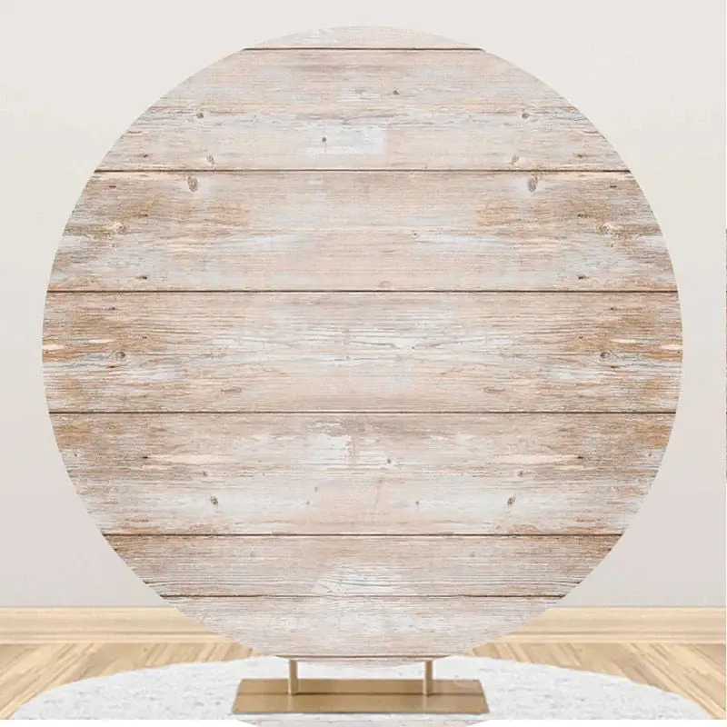 White Brown Wood Plank Round Happy Birthday Backdrop - Aperturee