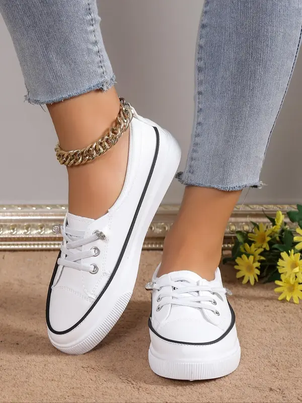 Women's Fashionable Plain Lace up Low Top Sneakers, Casual Comfortable Breathable Contrast Binding Shoes for Daily Wear, Outd...