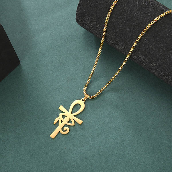 Egyptian 304 Stainless Steel Eye of Ra Ankh Cross Pendant Box Chain Necklaces