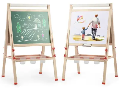 Rengue All-in-One Art Easel for Kids with Paper Roll, Adjustable Double Side Art Drawing Standing Chalkboard for Toddlers 3-1...
