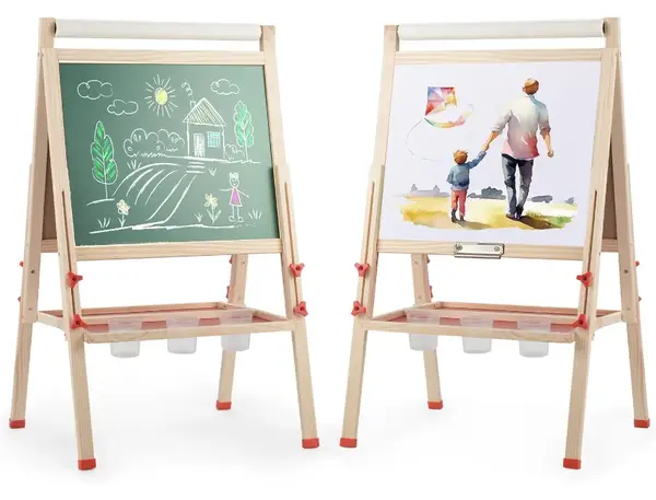 Rengue All-in-One Art Easel for Kids with Paper Roll, Adjustable Double Side Art Drawing Standing Chalkboard for Toddlers 3-1...
