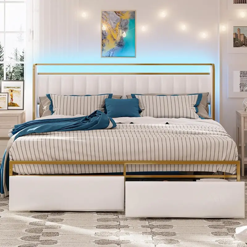 LIKIMIO Luxury Bed Frame with Armrests Headboard & RGB Light, Unique Bedroom Furniture with Storage Drawers - Upholstered  Pl...