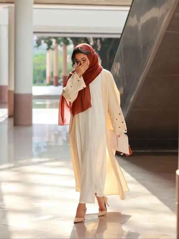 Women's Heart Embroidery Long Sleeve Open Front Abaya without Hijab, Modest Casual Maxi Muslim Dress for Daily Wear, Ladies I...