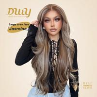 Jasmine C-DWY 13×6 Lace Front Free Part Long-Length Layer-cut Curly Brown Highlighted Glueless Synthetic Wig for Women 28 In...